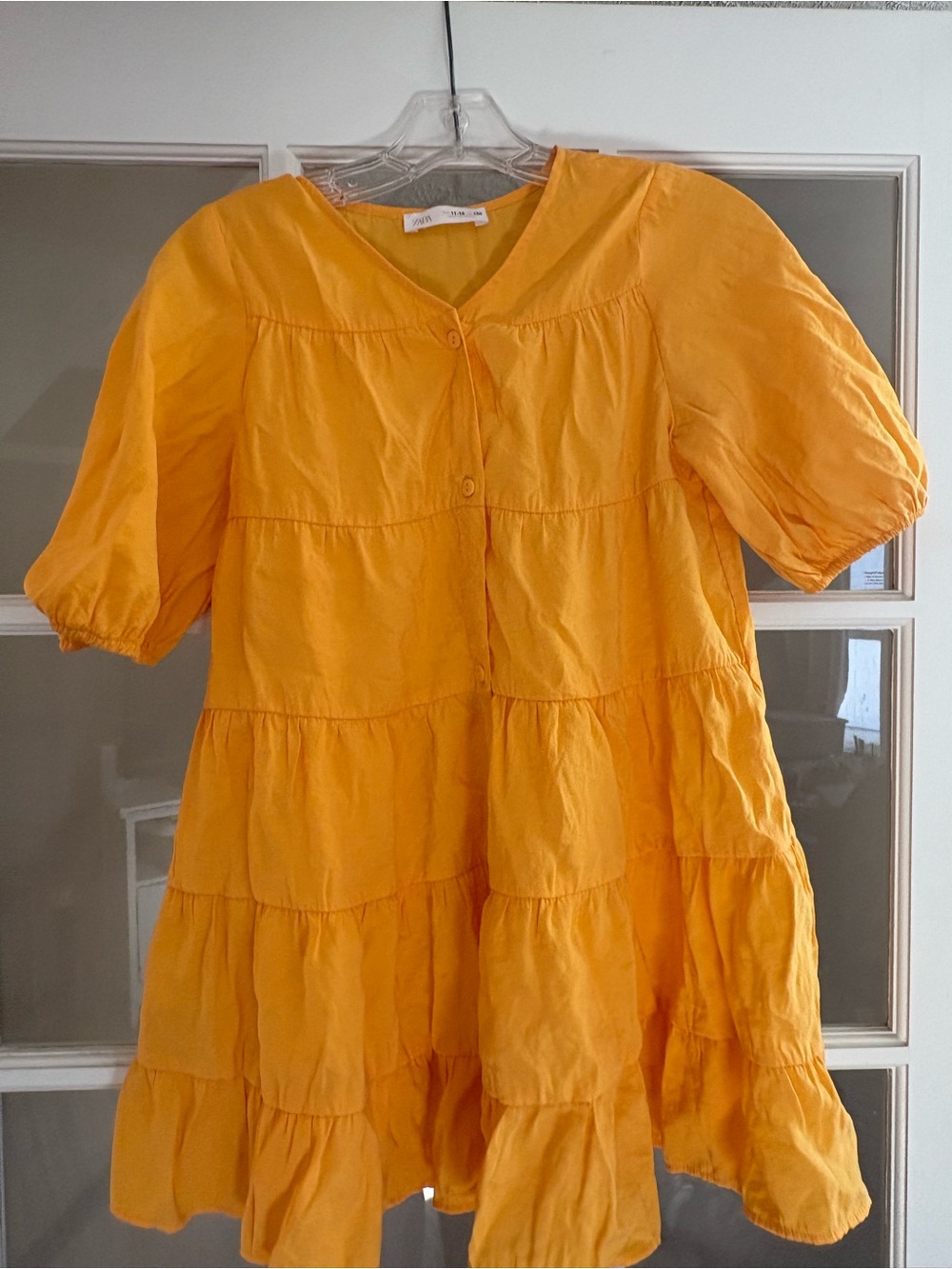 Zara Bright Yellow Tiered Puff-Sleeve Dress